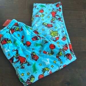 Grinch Mens Pajama Pants Sz M NWT Plush Blue Christmas Trees Gifts Stars